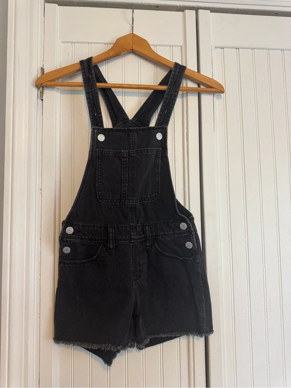 Old Navy Black Short Denim Overalls with Frayed Hem